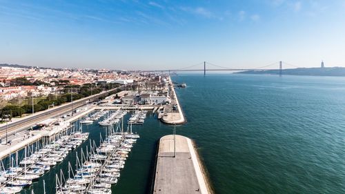 High angle view of suspension bridge over sea against sky