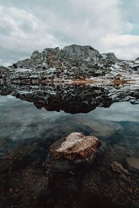 Reflection of rocks in lake against sky