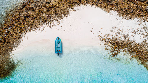 Aerial view of boat moored at beach 