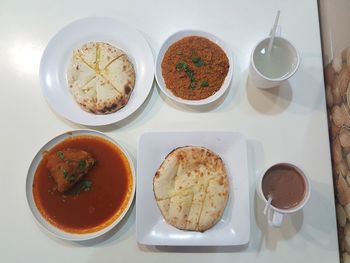 High angle view of breakfast on table