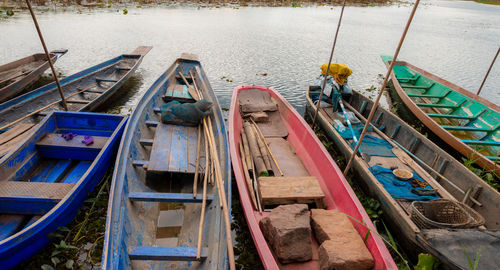 High angle view of boats moored on river