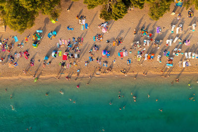 Aerial scene of zlatni rat beach on brac island, croatia