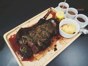 Close-up of breakfast served on table