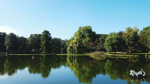 Scenic view of lake against clear blue sky