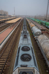 High angle view of train against sky