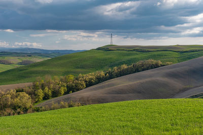 Scenic view of farm against sky