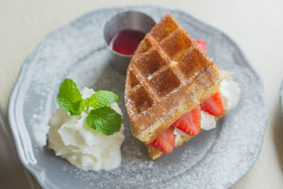 High angle view of dessert in plate on table