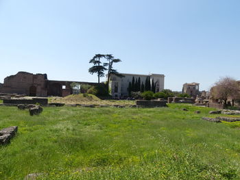 Old ruins on field against clear sky