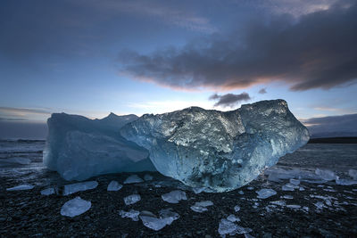 Scenic view of frozen sea against sky during sunset