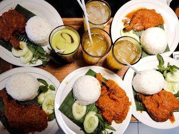 High angle view of food served on table