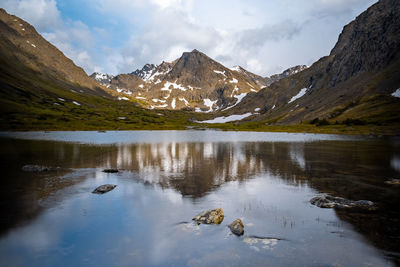 Scenic view of lake and mountains against sky