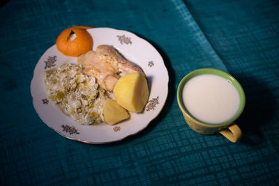 High angle view of breakfast served on table