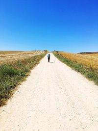 Rear view of woman walking on dirt road amidst land against blue sky