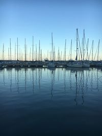 Sailboats moored in lake against clear blue sky