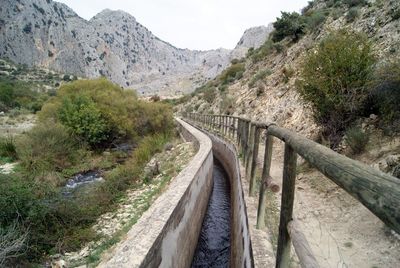 High angle view of canal against mountains