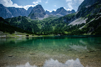 Scenic view of lake by mountains against sky