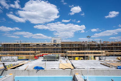 Construction site against sky in city