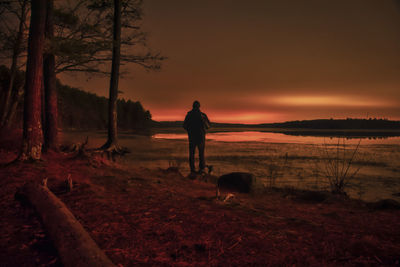 Dog standing on land against sky during sunset