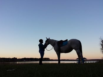 Side view of man standing with horse by lake on field during sunset