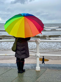 Rear view of women with umbrella on beach