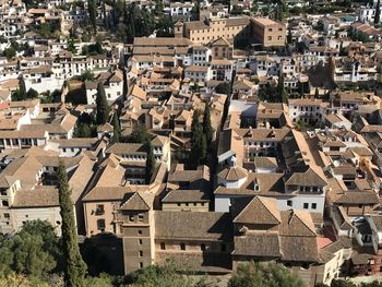 High angle view of houses in town