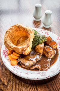 High angle view of breakfast served on table