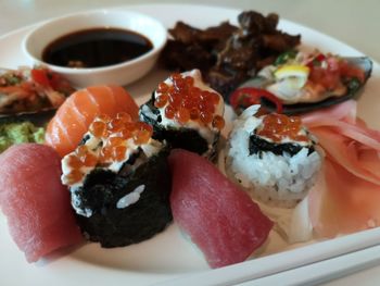 Close-up of sushi served in plate