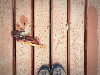 Low section of person standing on wood