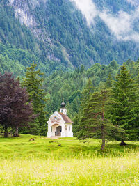 House on field against mountain