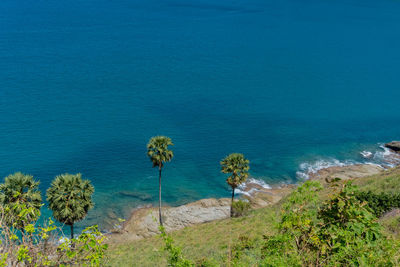 High angle view of beach against blue sky