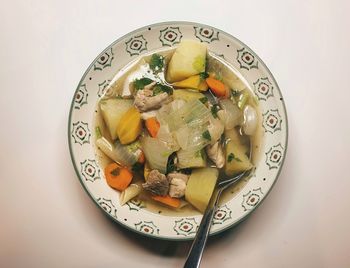 High angle view of soup served in bowl