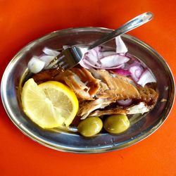 High angle view of food in plate on table