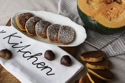 High angle view of cookies on table