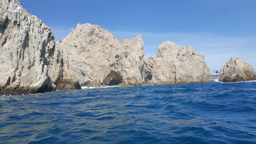 Panoramic view of sea against blue sky