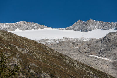 Scenic view of snowcapped mountains against clear blue sky