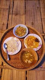 High angle view of breakfast served on table