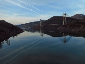 Low angle view of lake against sky