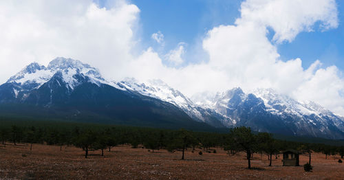 Scenic view of snowcapped mountains against sky