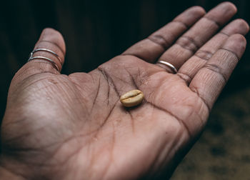 Cropped hand of woman holding coffee bean