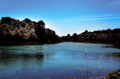 Scenic view of lake against blue sky