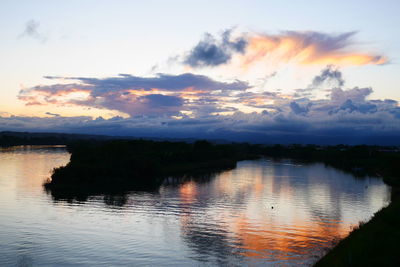 Scenic view of lake against sky at sunset