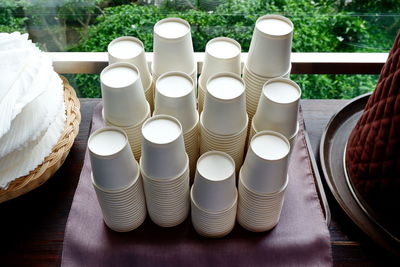 High angle view of beer bottles on table