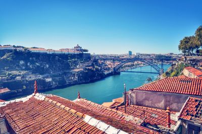 Buildings in town against clear blue sky