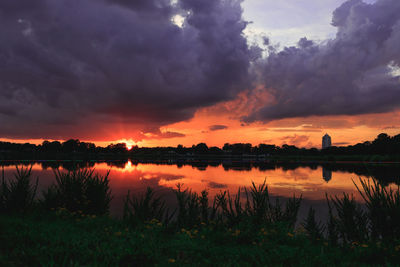 Scenic view of lake against orange sky