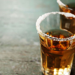 Close-up of beer in glass on table