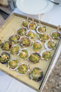 High angle view of food in plate on table