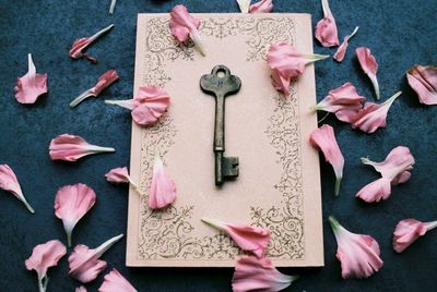 Directly above shot of key on book surrounded by petals