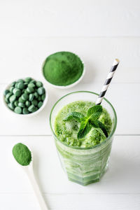 High angle view of green fruit on table