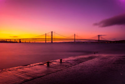 View of suspension bridge at sunset