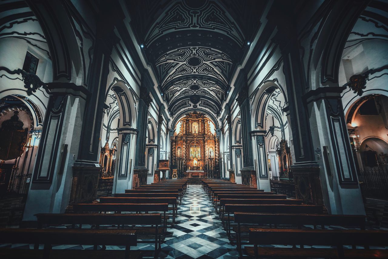 place of worship, religion, spirituality, arch, pew, indoors, history, architecture, architectural column, no people, altar, day